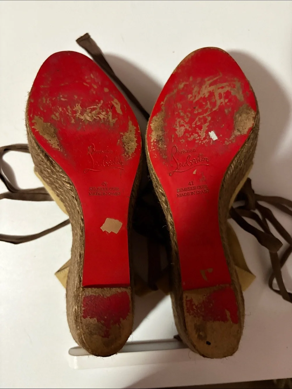 Christian Louboutin Beige and Brown Canvas Espadrille Wedge Sandals
